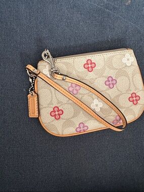 Coach Beige Signature Wristlet with Red, Pink & White Floral Accents